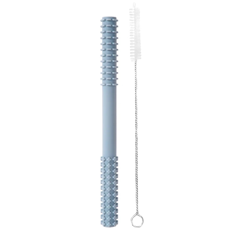 A 004-ether silicone straw with a textured grip for oral protection is next to a small cleaning brush with a twisted metal handle and white bristles, set on a white background.
