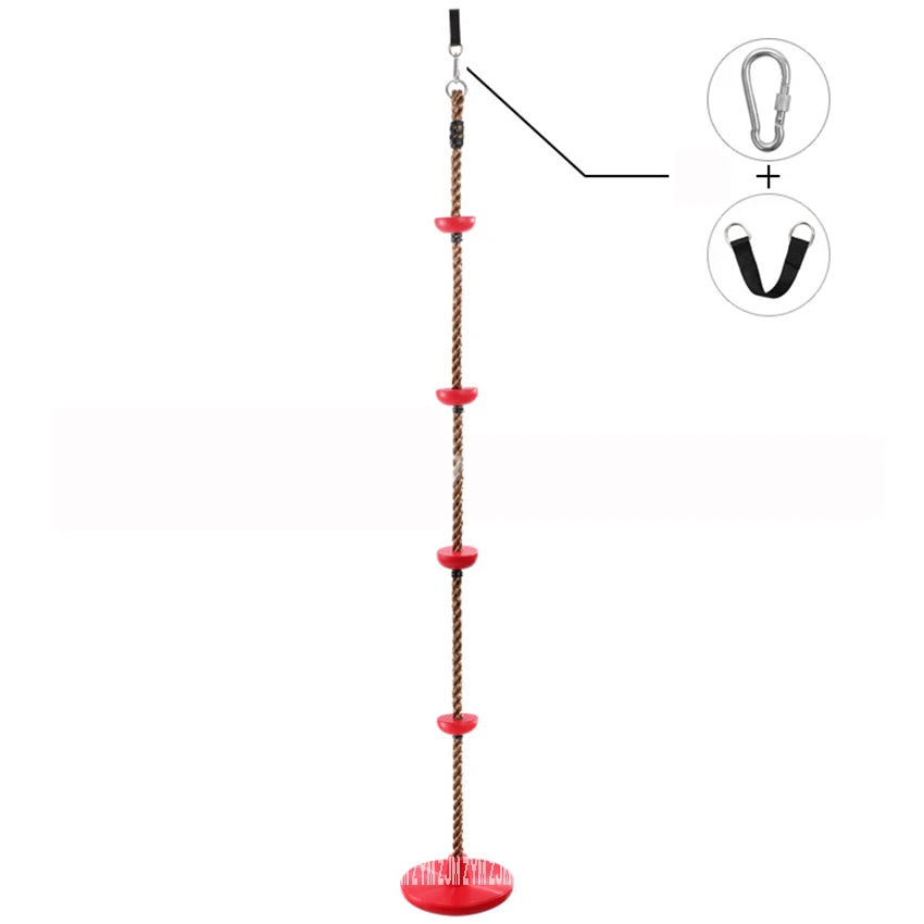 The Outdoor Adventure Climbing Ropes for Kids features a red rope ladder with circular steps and a red PE disc seat. Perfect for sensory play and physical training, it includes a metal carabiner and black strap for easy hanging, enhancing kids physical development and fun.