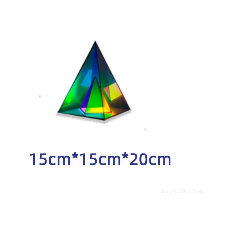 The Vibrant RGB LED Night Light, ideal for parties or home décor, showcases a transparent triangular prism with dynamic RGB lighting. Text 15cm*15cm*20cm appears in blue beneath it on a white background, highlighting the LEDs vivid hues. Theres faint text in the bottom right corner.