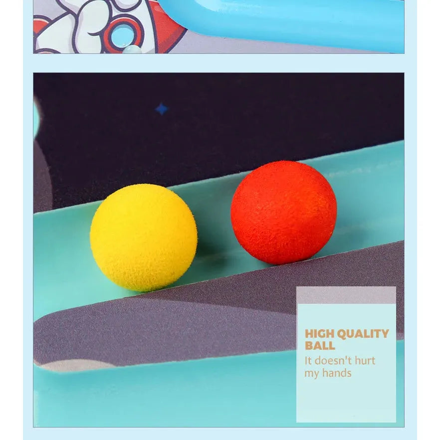 A yellow and a red foam ball sit on a teal and gray surface, ideal for sensory training. A cartoon graphic reads, HIGH QUALITY BALL It doesnt hurt my hands, making it perfect for safely enhancing physical activity with the Kids Wooden Balance Board - Rocking Seesaw.