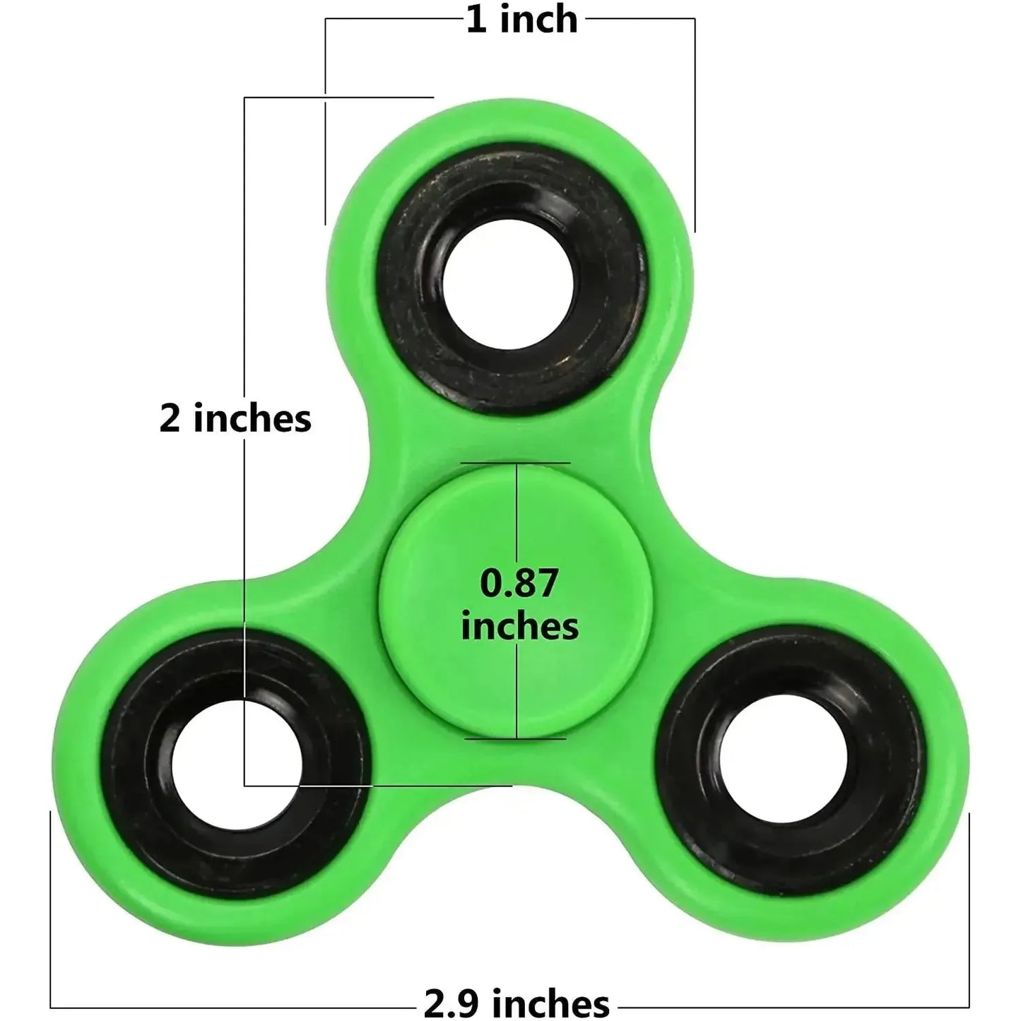 The Premium ABS Tri-Spinner Fidget Toy is green with three rounded arms, each with a black circular opening. It measures 2.9 inches across horizontally, 2 inches vertically, has a center circle of 0.87 inches in diameter, and the top arms are 1 inch wide—ideal for stress relief and great for all ages.