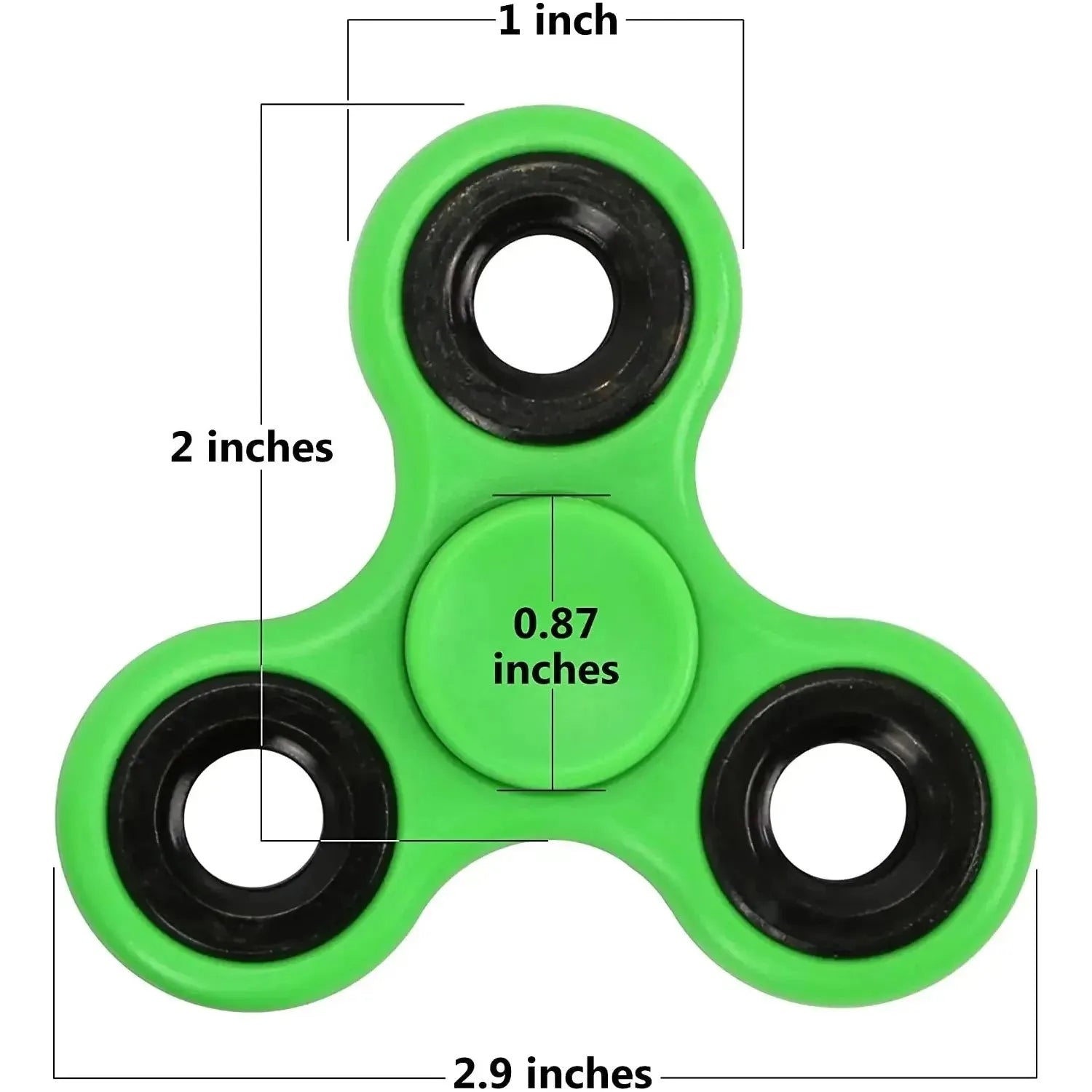 The Premium ABS Tri-Spinner Fidget Toy is green with three rounded arms, each with a black circular opening. It measures 2.9 inches across horizontally, 2 inches vertically, has a center circle of 0.87 inches in diameter, and the top arms are 1 inch wide—ideal for stress relief and great for all ages.