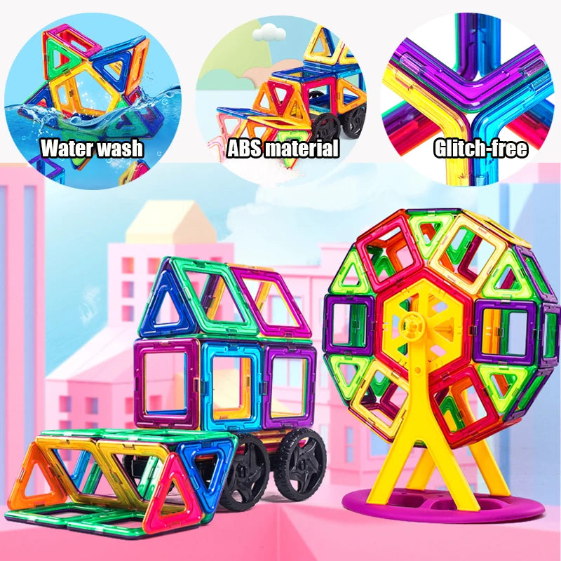The Giant Magnetic Building Blocks Set for Kids features colorful blocks forming a car and Ferris wheel against a city backdrop, highlighting water washable, safe, durable ABS material. Perfect for STEM learning, these glitch-free blocks come in various shapes and colors for ages 4-12.