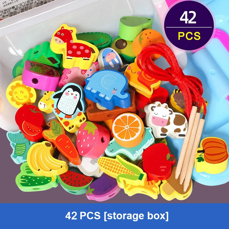 The Wooden Beaded Toys set includes 42 vibrant wood beads in animal and fruit shapes—like penguin, elephant, and strawberries—complete with a red string and sticks for threading. Made from safe materials, all items are in a 42pcs Box, perfect for childrens early education.