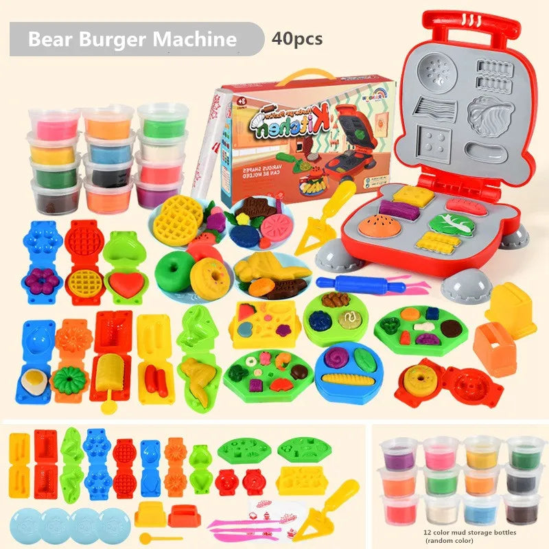 Explore the 12colors Creative Kids Clay Toy Plasticine Tool Set, featuring a bear-shaped burger machine with various molds and tools. It includes 40 pieces like plastic utensils, fruit and veggie molds, plus 12 vibrant clay containers, all made from non-toxic materials in visible packaging.