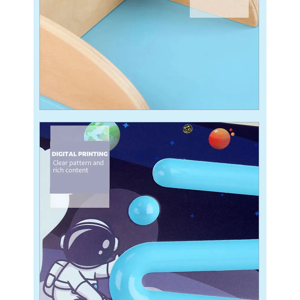 A close-up of a blue and wooden Kids Wooden Balance Board features an image of a cartoon astronaut among stars and planets. Text reads DIGITAL PRINTING Clear pattern and rich content. The playful, cosmic design promotes sensory training.