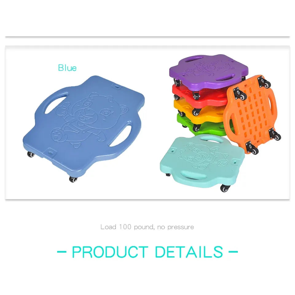 Blue and multicolored Kids Sensory Balance Boards with handles feature wheels and embossed cartoon characters. Blue board shown separately for sensory training; orange, green, yellow, red, and purple boards stacked alongside. Text reads: Load 100 pounds, no pressure.