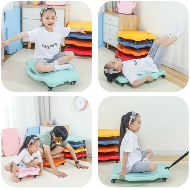 Four images of a child joyfully playing on the Kids Sensory Balance Board indoors show them smiling as they try various poses: sitting with arms out, leaning back, supported by an adult, and sitting cross-legged. This playful scene doubles as sensory training equipment boosting motor skills.