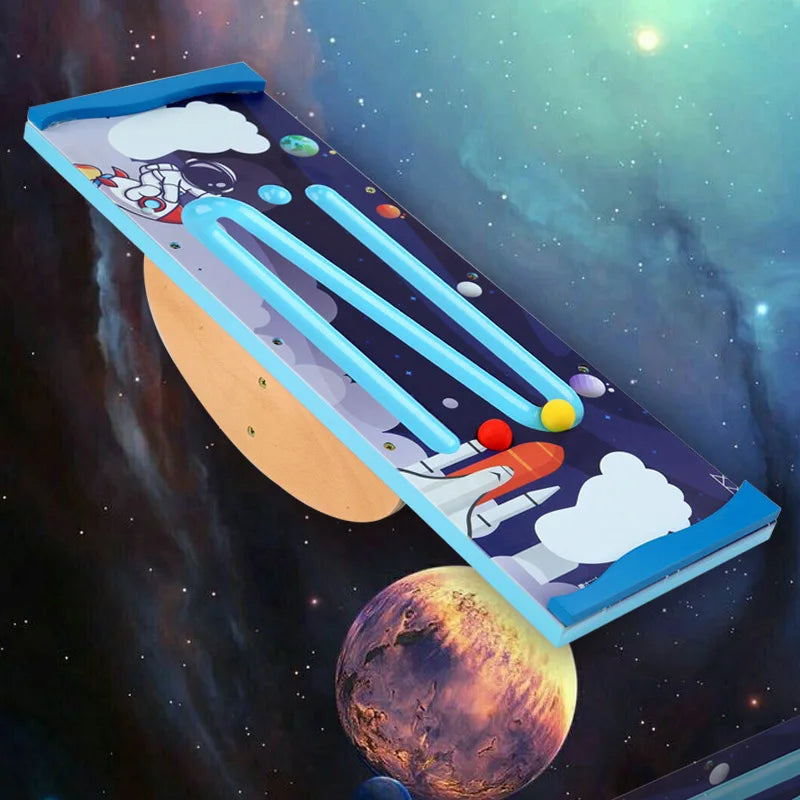 The Kids Wooden Balance Board, ideal for sensory training and fitness, features a space-themed design with stars and planets. It includes grooves to guide balls toward targets, all set against a cosmic backdrop. Perfect for promoting physical activity through indoor interactive play.