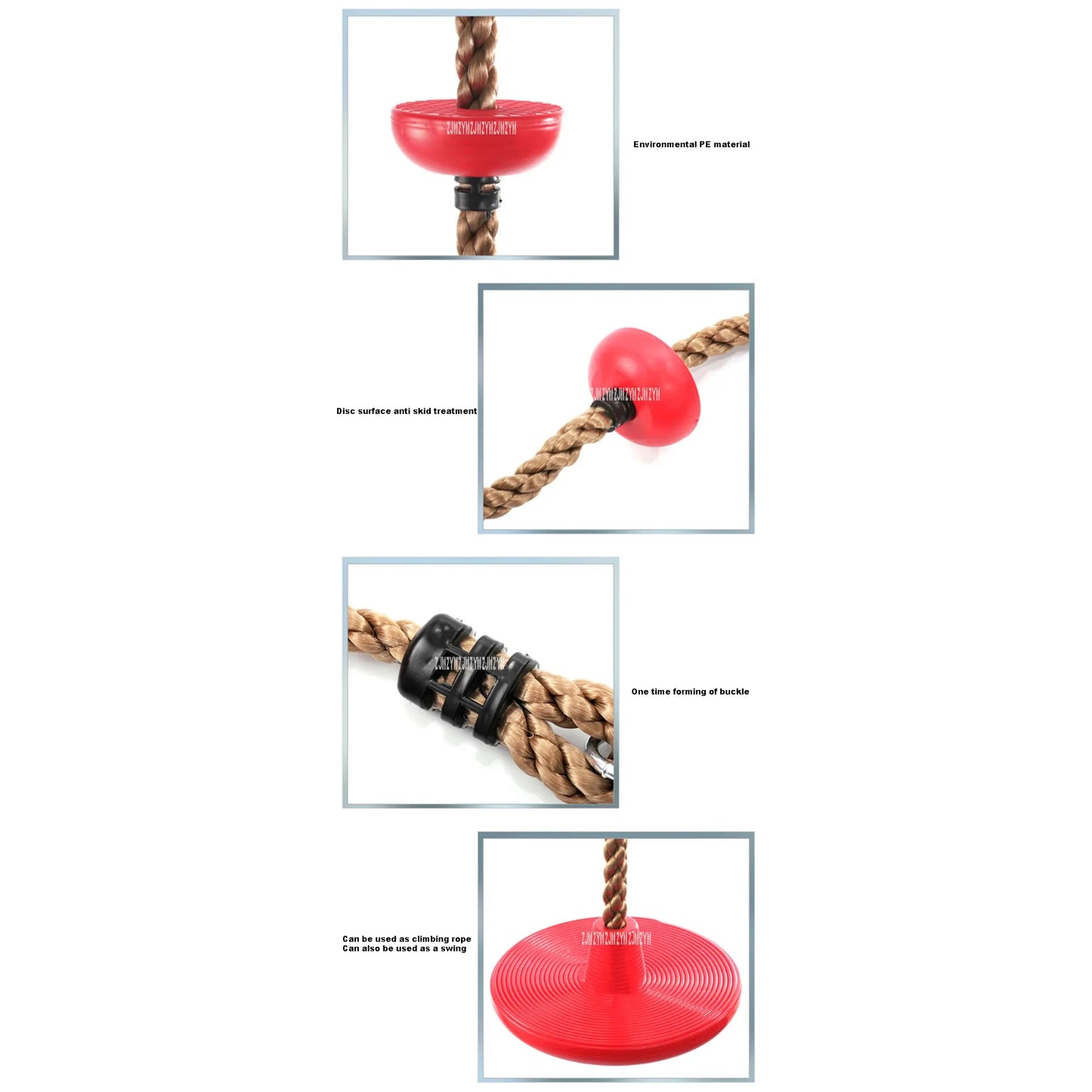 Close-up of Outdoor Adventure Climbing Ropes features four details: a red disc seat, smooth braiding, black two-tone knot covers, and rope base. Ideal for childrens physical training and sensory play, its made from eco-friendly PE material to support development.