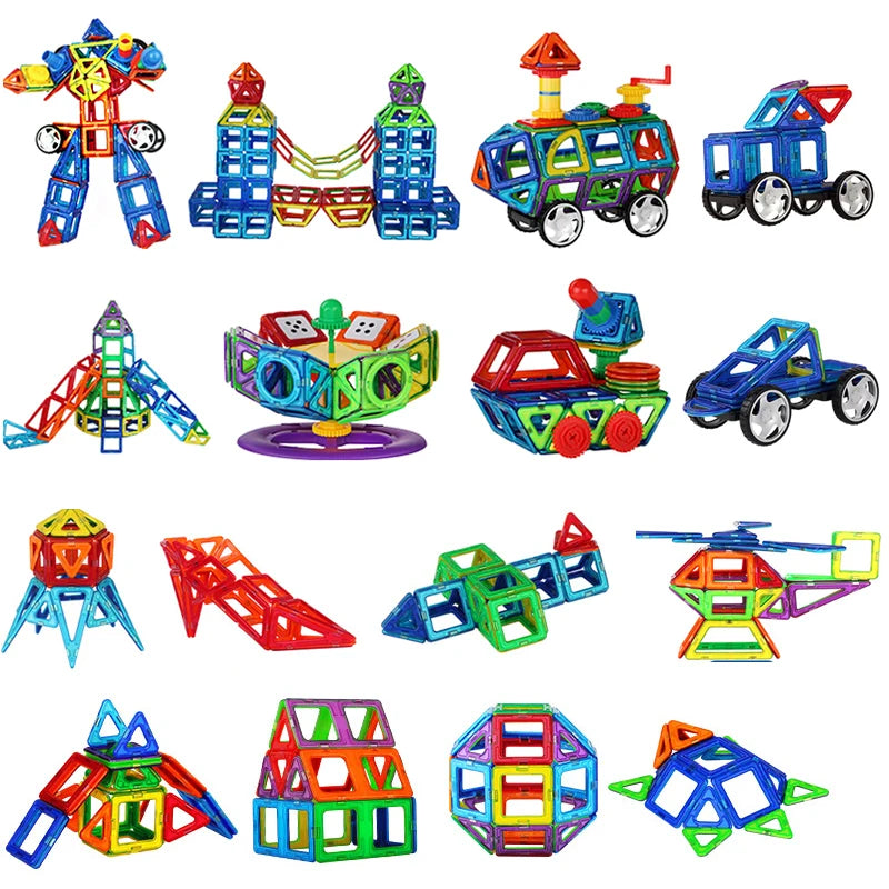 Explore the Giant Magnetic Building Blocks Set for Kids, designed for ages 4-12. These colorful, safe, and durable toys form robots, vehicles, and geometric structures using interconnected triangles, squares, and polygons to promote STEM learning through creative play.