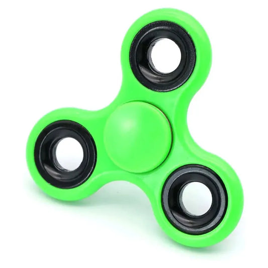 The Premium ABS Tri-Spinner Fidget Toy in green, designed for stress relief and ideal for autism, features three arms each with a black circular weight and is set against a white background.