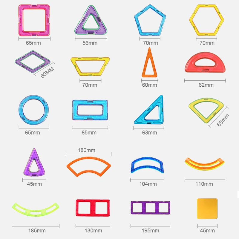 Explore our vibrant Giant Magnetic Building Blocks Set for Kids, designed for STEM learning. These shapes include squares, triangles, pentagons, hexagons, circles, rectangles, and arcs. Made from safe, durable materials and labeled with millimeter measurements for precise play. .