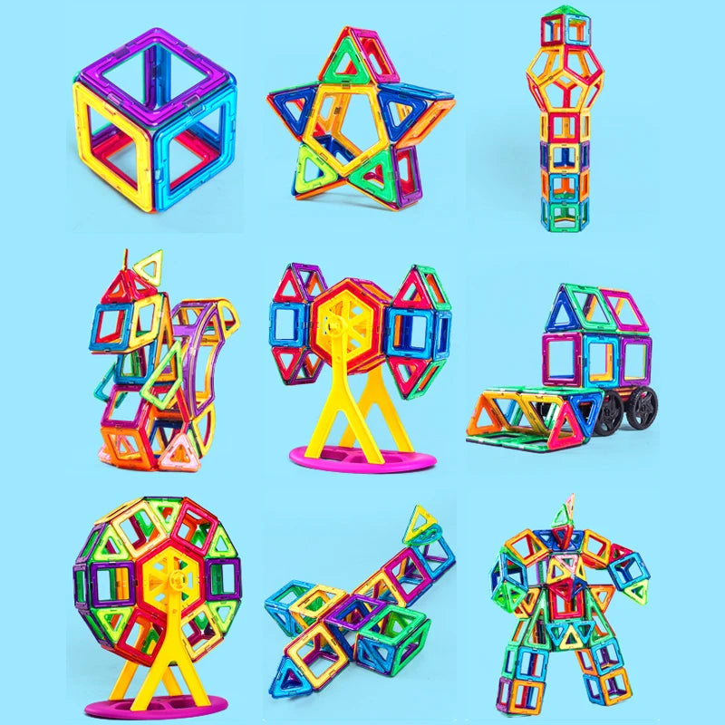 A variety of colorful, geometric magnetic toys in shapes like cubes, stars, totems, ferris wheels, robots, and vehicles feature interlocking triangular and square pieces. Giant Magnetic Building Blocks Set for Kids is crafted from safe, durable material against a blue background.