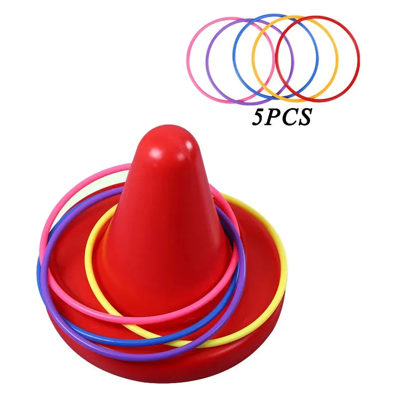 The Kids Balance Training Unicorner Chair with Throwing Ring is a fun sensory game for perception and coordination. It features a red cone with 5 colorful rings in pink, blue, red, and yellow, ideal for childrens balance training sessions.