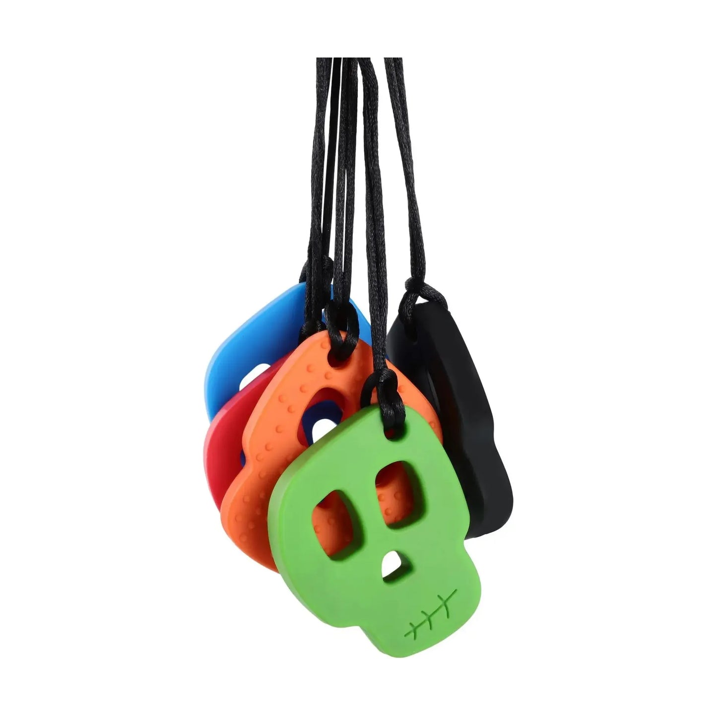 The Silicone Skull Teething Necklace for Babies features four vibrant skull pendants in green, orange, blue, and black on black cords. With eye and nose holes, these silicone necklaces offer sensory stimulation and teething relief. Ideal for autism and ADHD support.