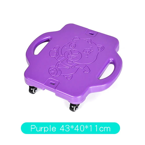 The Kids Sensory Balance Board is a purple, square roller seat with rounded edges and two handles, perfect for motor skill development. It features an embossed cartoon bear design and four swiveling wheels, doubling as sensory training equipment. Dimensions: 43x40x11 cm.
