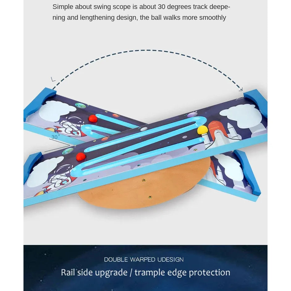 The Kids Wooden Balance Board features a wooden base and blue curved track with red and yellow balls. Designed for sensory training, it displays clouds and cartoon motifs, providing details on swing scope and design for indoor fitness.