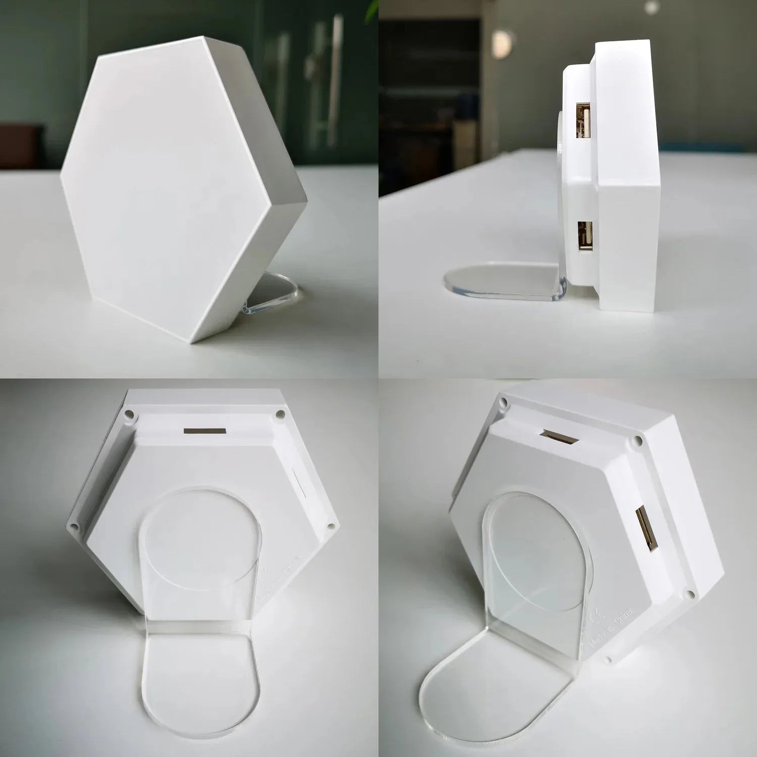 The Hexagonal LED Modular Night Light Panels for Sensory Rooms are white, feature color-changing options, a transparent stand, USB ports, and remote control. Shown from various angles; ideal calming lamps for autism.