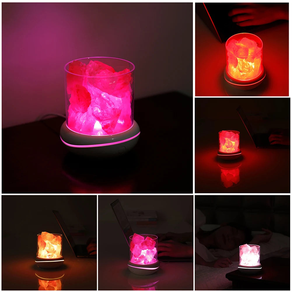 Collage of the Crystal Salt Lamp with USB Aroma Purifier & LED Multicolor Night Light in a cylindrical glass on a white base, emitting pink to orange light. Photos show the lamp near a laptop and by a sleeping person, enhancing ambiance in various settings.