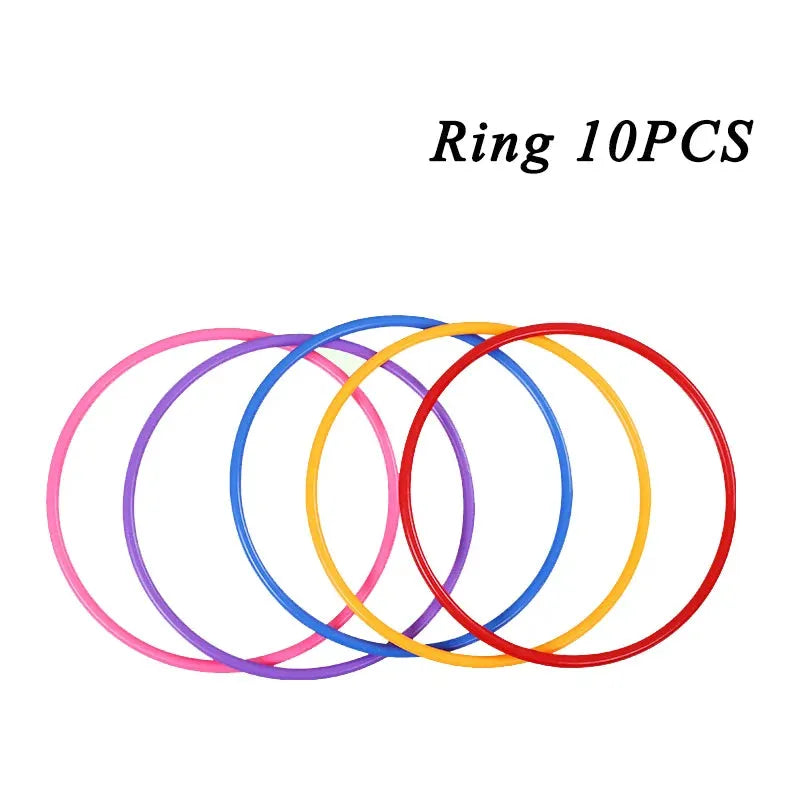 Ten colorful rings, great for childrens balance training or sensory integration, feature two pink, purple, blue, orange, and red ones each. The text Ring 10PCS is on a crisp white background. Ideal for use with the Kids Balance Training Unicorner Chair with Throwing Ring.