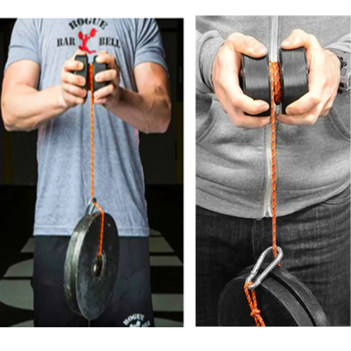 Two images: Left shows a person in a gray Rogue Bar Bell shirt holding weights joined by a rope. Right shows hands gripping two black cylindrical weights of the Finger Grip and Forearm Strength Trainer, featuring an orange rope and carabiner for improved finger grip.