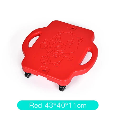 The Kids Sensory Balance Board in red, ideal for developing motor skills and sensory training, features handles on each side and four wheels. An embossed cartoon animal enhances its design. Measuring 43 x 40 x 11 cm, its perfect for childrens safe and fun play.