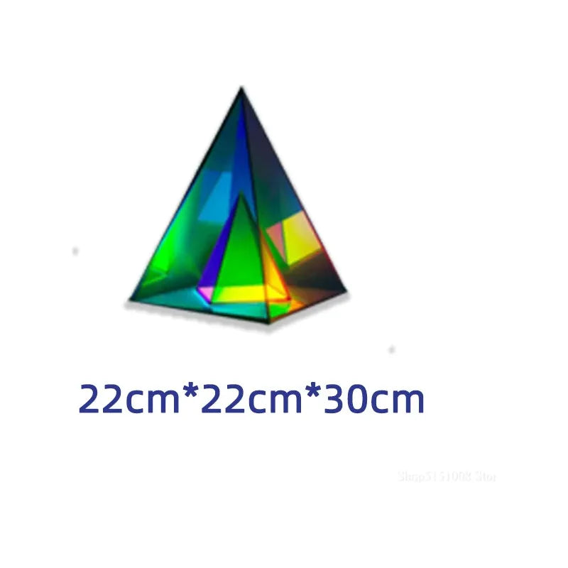 The Vibrant RGB LED Night Light for Parties and Home Décor features a prism shape with a black outline, emitting vibrant blue, green, yellow, and red reflections. Dimensions are 22cm x 22cm x 30cm. Ideal as an LED decoration for capturing dynamic RGB lighting magic at any event.
