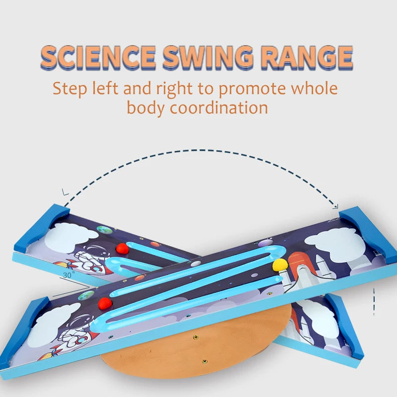 Introducing the Kids Wooden Balance Board, a sensory rocking seesaw with space-themed designs, encouraging seesaw-like motion to boost childrens physical activity and coordination during indoor fitness and interactive play.
