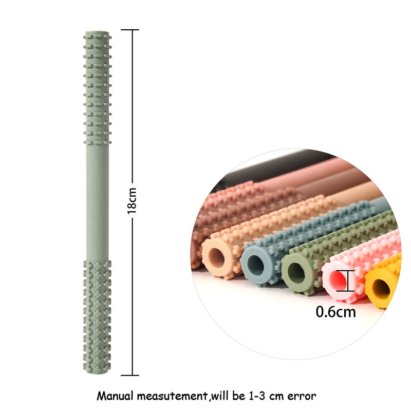 The Essential Tiny Teething Toy for Infants, a textured grip rubber stick perfect for teething, measures 18 cm long and 0.6 cm in diameter. Shown in various colors, manual measurement errors range from 1-3 cm.