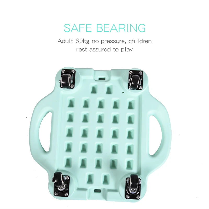 The Kids Sensory Balance Board, a turquoise plastic skateboard with four black wheels and two handles, is shown. Text above reads, SAFE BEARING Adult 60kg no pressure, children rest assured to play. Ideal for sensory training equipment and enhancing childrens motor skills.
