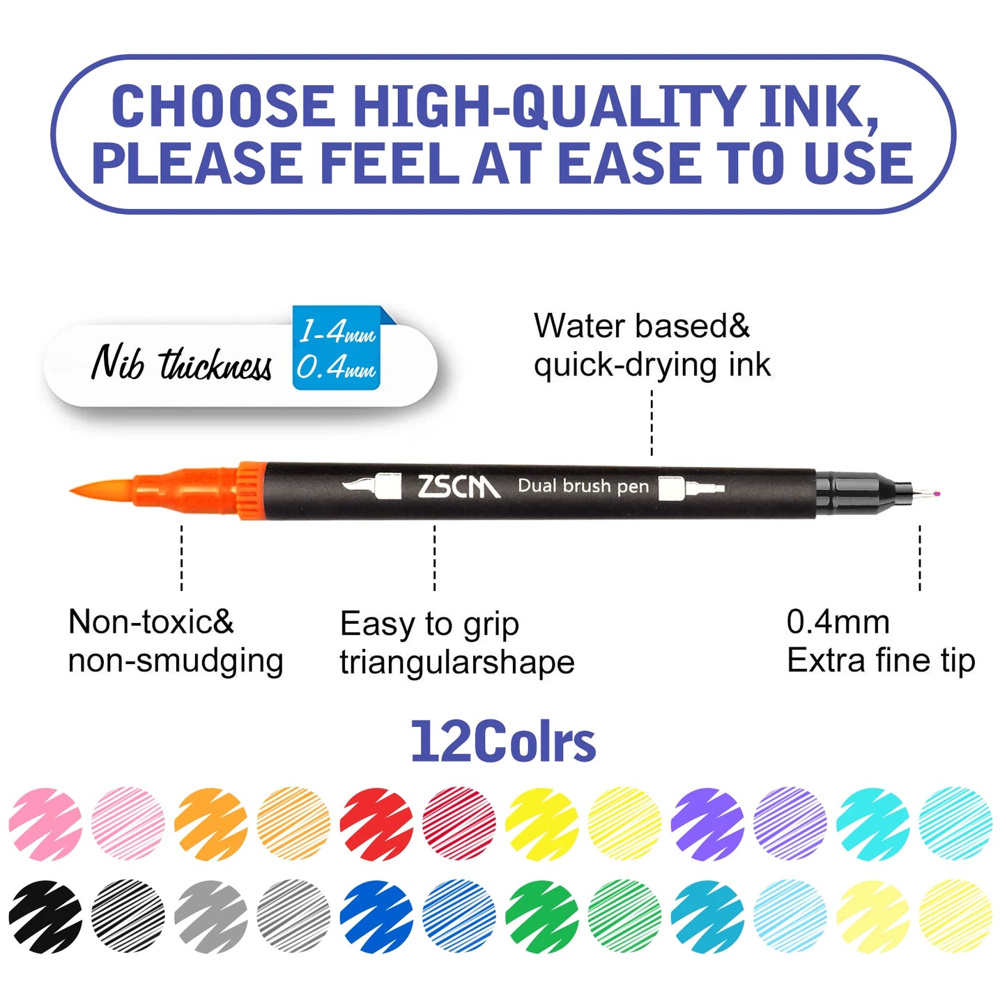 Image showcasing the Vibrant Dual Tip Brush Pen Marker Set, featuring sleek black bodies, vibrant orange caps, 1-4mm and 0.4mm nibs, quick-drying water-based ink, and non-toxic, non-smudging attributes. Enjoy an easy-to-grip triangular shape with an extensive range of 12 to 160 colors below.