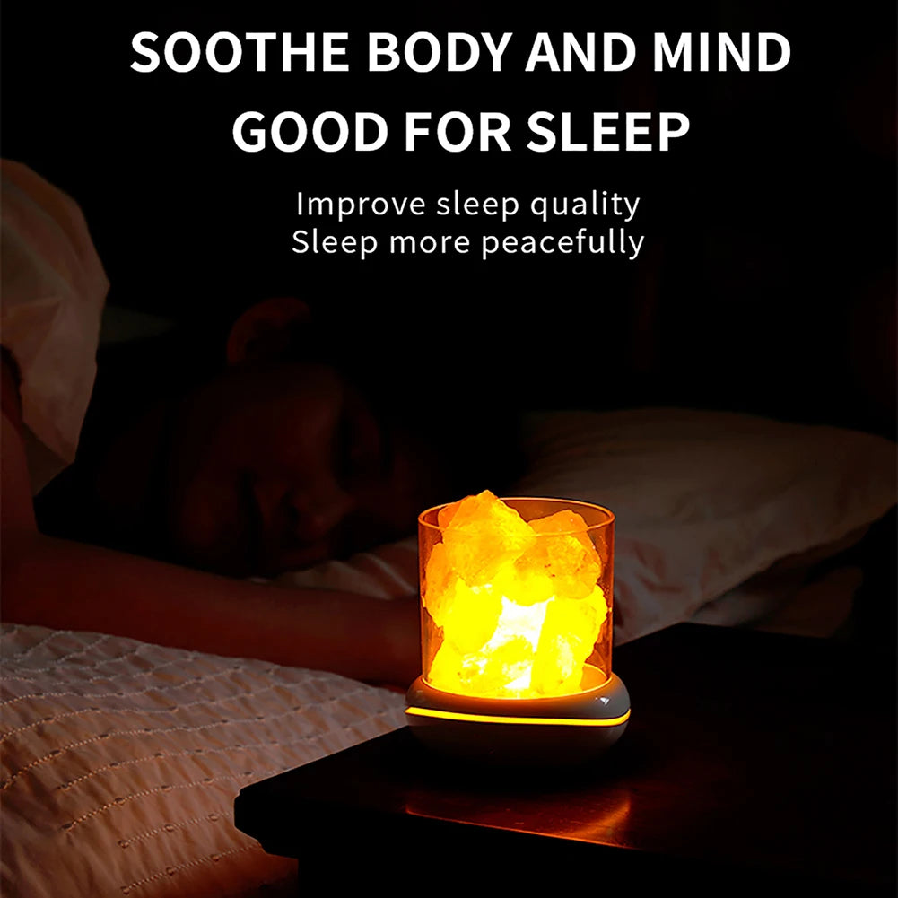 The Crystal Salt Lamp with USB Aroma Purifier & LED Multicolor Night Light sits on the bedside table, casting a warm glow and gentle hum. Text reads: SOOTHE THE BODY AND MIND, GOOD FOR SLEEP, Improve sleep quality, Sleep more peacefully.