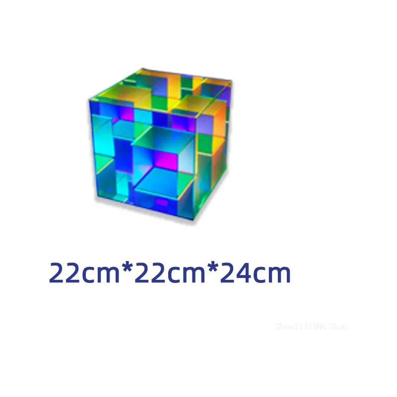 The Vibrant RGB LED Night Light for Parties and Home Décor features a colorful, reflective cube with prismatic blue, green, yellow, and pink patterns. Its dimensions are 22cm x 22cm x 24cm.