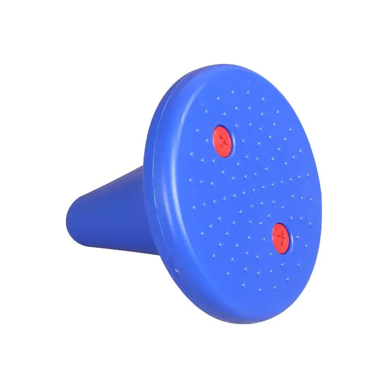 The Kids Balance Training Unicorner Chair with Throwing Ring is a blue conical chair with a flat top featuring two red cross symbols. Made of rubber or plastic, it has a dotted texture that aids in motor skills and sensory integration, making it ideal for childrens balance training.