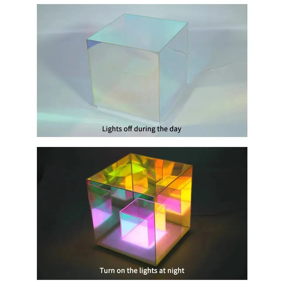 The Vibrant RGB LED Night Light for Parties and Home Décor is displayed in two states: the top image shows the lamp clear with lights off, while the bottom highlights its dynamic RGB lighting, illuminating it in vibrant hues such as yellow, green, and purple.