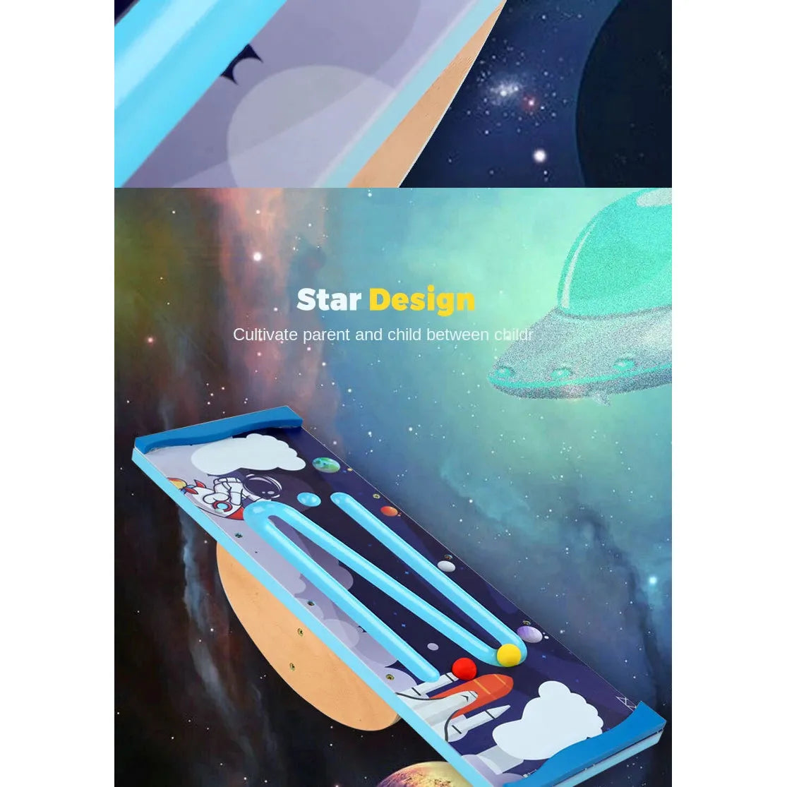 An illustration showcases a space-themed game with a blue frame, featuring a 3D track and colorful balls amid stars and planets. It reads Star Design, encouraging sensory training and parent-child interaction on the Kids Wooden Balance Board - Outdoor Sensory Rocking Seesaw.