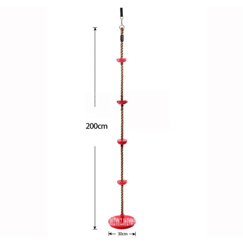 The Outdoor Adventure Climbing Ropes for Kids includes red disc steps and a swing seat at the bottom, perfect for sensory play and physical training. Measuring 200 cm tall with a 30 cm wide seat, its ideal for outdoor fun. A sturdy metal clip ensures easy hanging.
