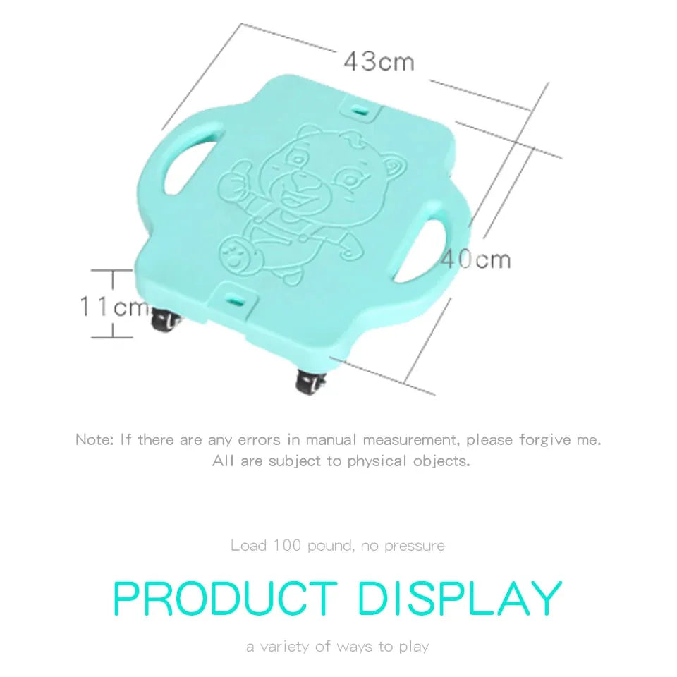 The Kids Sensory Balance Board in teal, featuring delicate bear illustrations, measures 43cm by 40cm and 11cm high. Designed to enhance motor skills, it supports up to 100 pounds with wheels and handles for fun play. Note: slight measurement variations may occur due to manual methods.