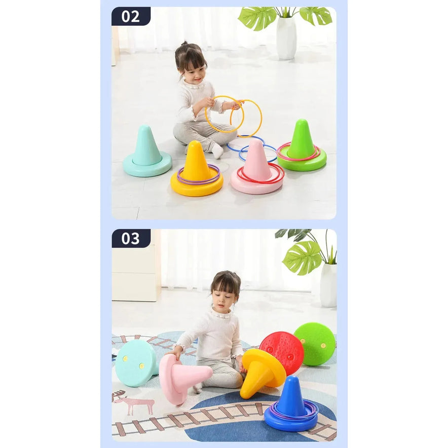 Top image: A child plays with the Kids Balance Training Unicorner Chair and Throwing Ring, enhancing motor skills. Bottom image: The child uses them as sensory toys on a playmat with a train design, surrounded by houseplants.