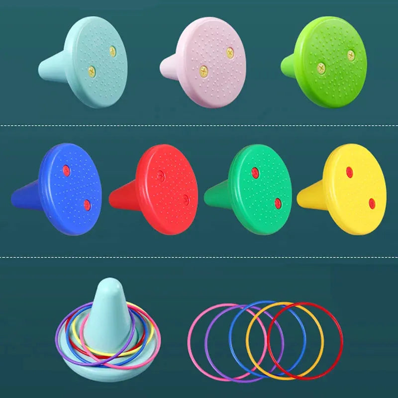 Displayed against a green backdrop, colorful spinning tops in blue, pink, green, red, and yellow enhance motor skills as they rest on varied-colored concentric circles. Ideal for sensory integration with the Kids Balance Training Unicorner Chair and Throwing Ring to boost perception and coordination.