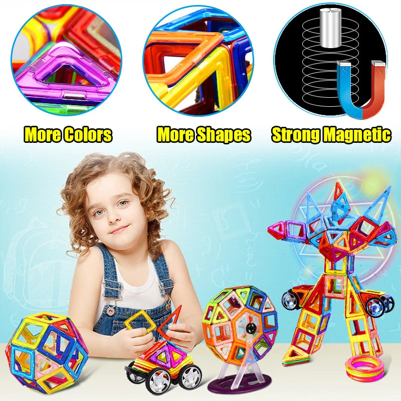 A child in overalls sits beside the Giant Magnetic Building Blocks Set, surrounded by vibrant colors and highlighted features like STEM Learning, More Colors, and Safe and Durable Material. Completed geometric shapes stand out against a blue backdrop with whimsical doodles.