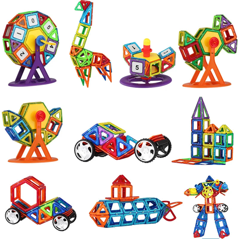 The Giant Magnetic Building Blocks Set for Kids includes durable, colorful magnetic toys with geometric shapes to create vehicles, a robot, a Ferris wheel, and abstract structures. Ideal for ages 4-12 and STEM learning, it features triangular and square blocks.
