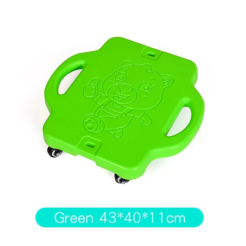 The green Kids Sensory Balance Board is a four-wheeled skateboard designed for motor skill development and fun play, featuring handles and an embossed cartoon design. Dimensions are 43*40*11 cm.