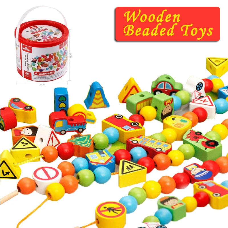 The Wooden Beaded Toys Fruits Vegetables Animal Traffic Blocks Beads are colorful, safe, and educational, featuring wooden beads and blocks in fun shapes. The product name is displayed in the upper right corner beside a container of these engaging materials in the upper left corner.