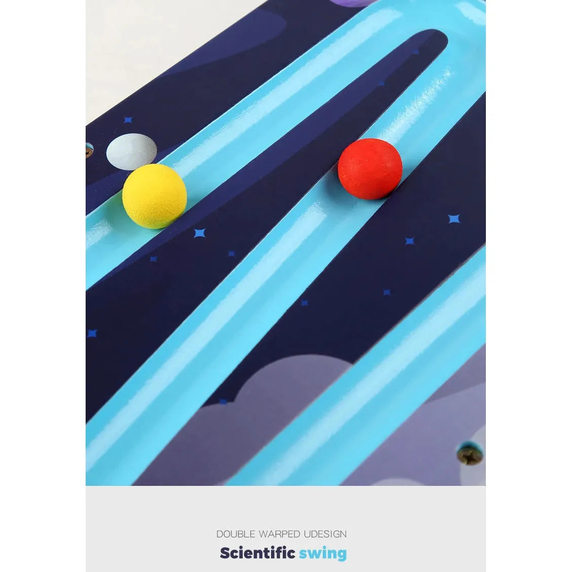 The Kids Wooden Balance Board features two colorful balls on blue tracks against a dark starry backdrop. Text reads DOUBLE WARPED UDESIGN & Scientific swing. It’s ideal for sensory training and promoting active play, perfect for children engaging in interactive fitness activities.