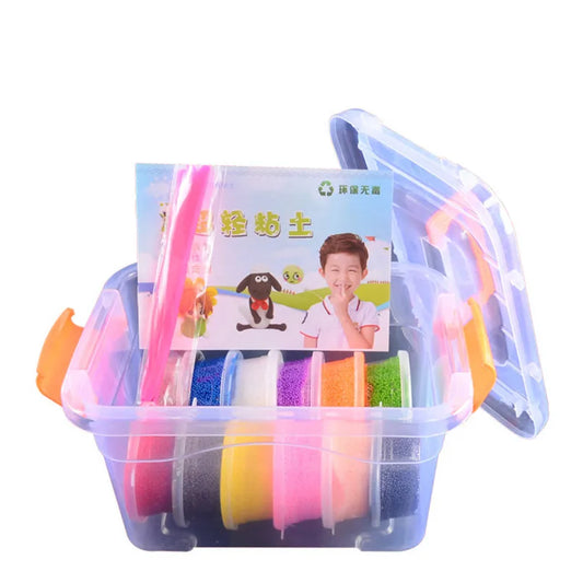 A plastic box labeled 12/24/36 Colors Air Dry Fluffy Slime Modeling Clay Set contains colorful air dry and fluffy slimes, a booklet featuring animated characters and a child, plus pink crafting tools.