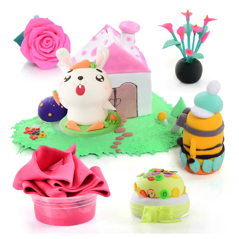 A vibrant art scene made with the 36 Colors Air Dry Fluffy Slime Modeling Clay Set shows a white rabbit by a pink-roofed house, surrounded by clay flowers, a pot with pink cloth, and a playful multicolor character. This imaginative creation is bright and whimsical.