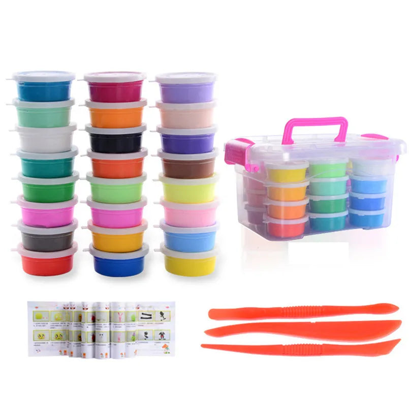 The 24-color Air Dry Fluffy Slime & Modeling Clay Set features small containers neatly packed in a clear box, with an instruction booklet and two orange tools.