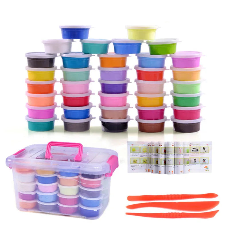 The 12/24/36 Colors Air Dry Fluffy Slime Modeling Clay Set includes neatly stacked colorful pots, a clear storage box with more clay, two red sculpting tools, and illustrated instructions. Ideal for crafting enthusiasts who enjoy experimenting with air dry slime creations!.